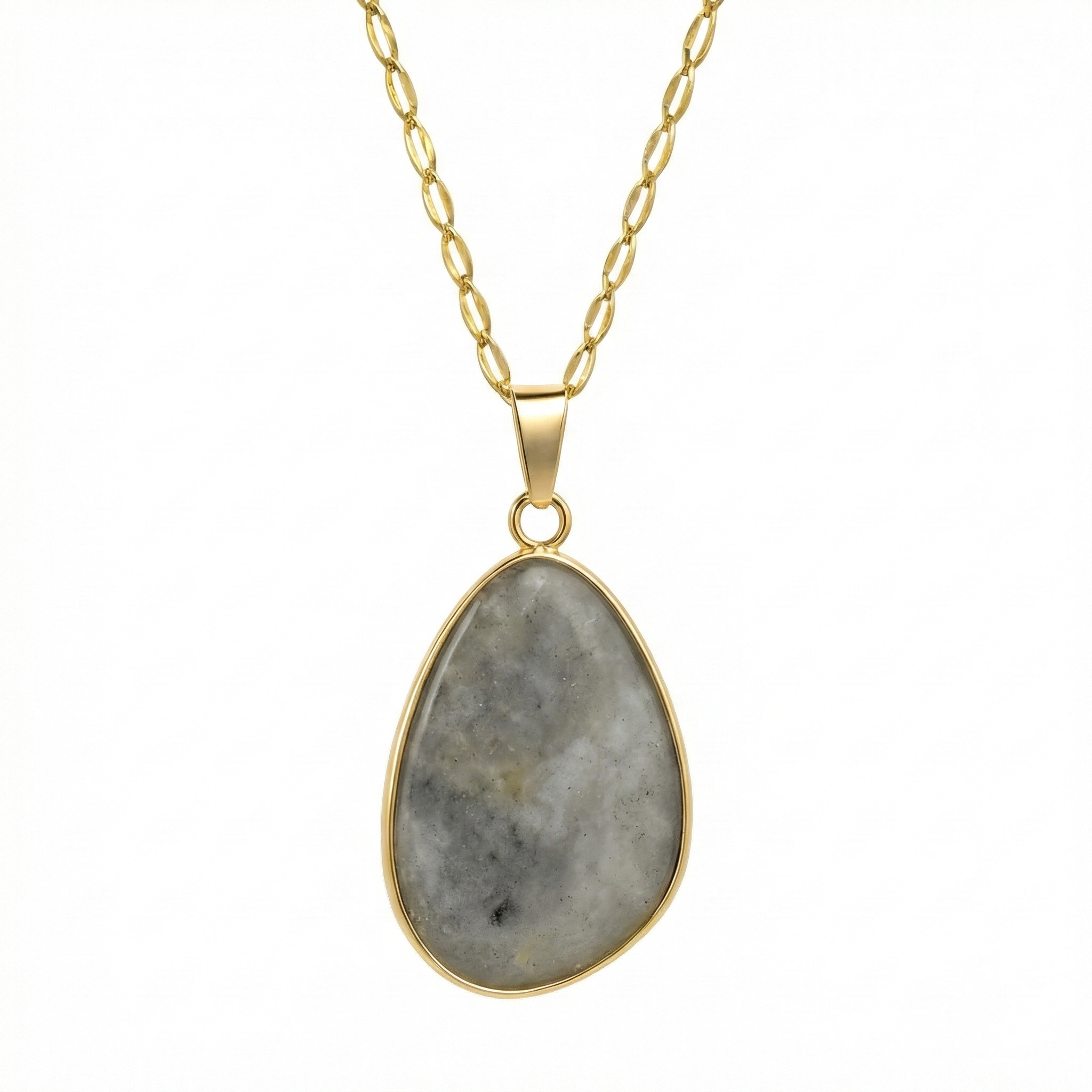 Collier doré en acier inoxydable avec pendentif ovale effet pierre naturelle grise
